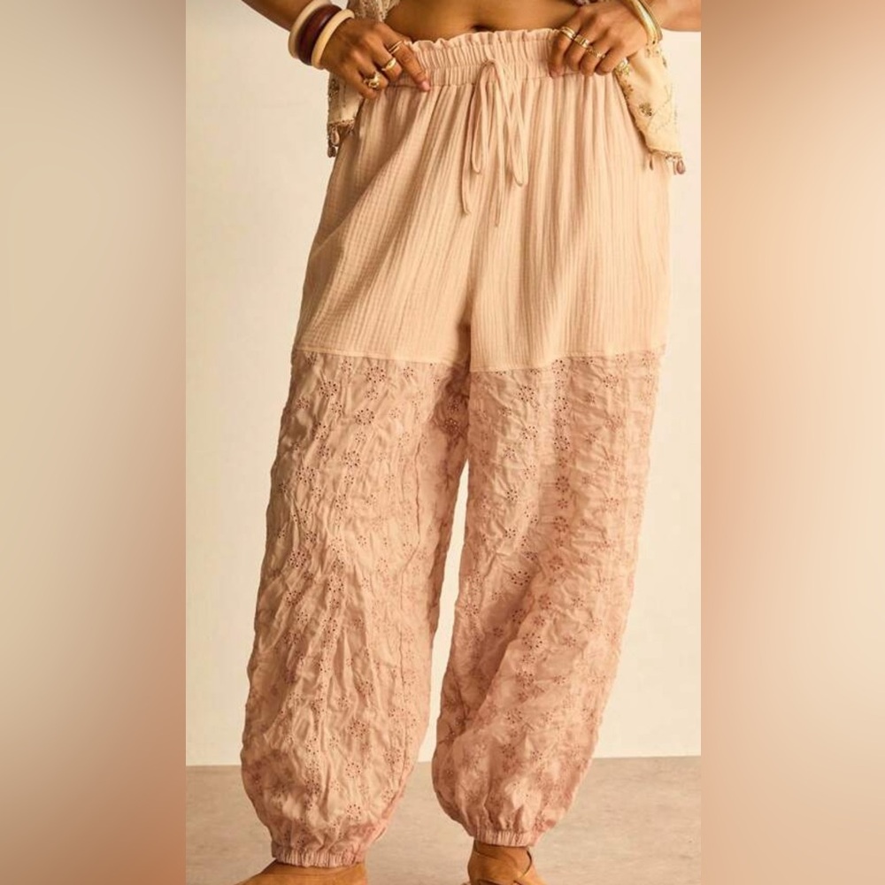 Boho Chic Lace Women's Wide Leg Cotton Tan Pants 1X Elastic Waist